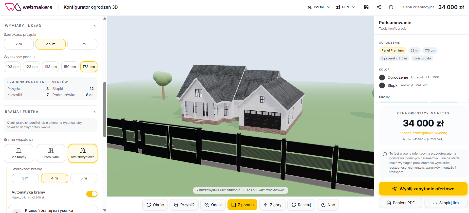 Konfigurator ogrodzeń 3D WebMakers - widok konfiguracji ogrodzenia z podsumowaniem i orientacyjną wyceną